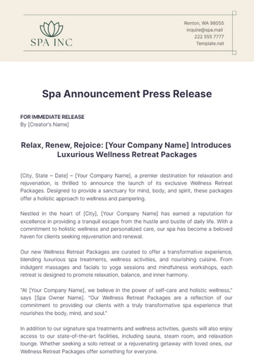 Free Spa Announcement Press Release Template to Edit Online