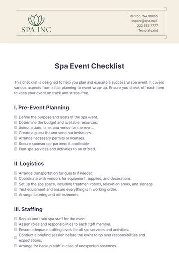 Free Spa Event Checklist Template to Edit Online