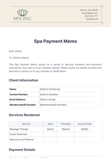 Free Spa Payment Memo Template to Edit Online