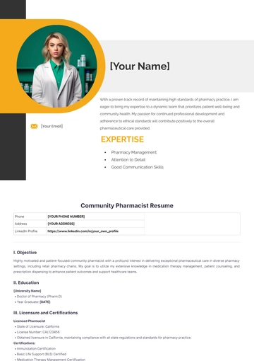 Free Community Pharmacist Resume to Edit Online