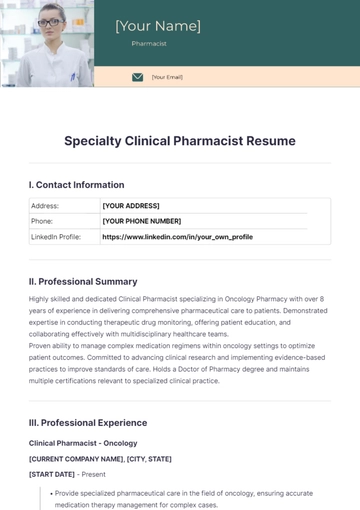 Free Specialty Clinical Pharmacist Resume to Edit Online