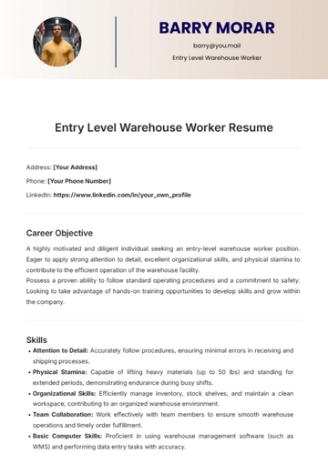Free Entry Level Warehouse Worker Resume Template to Edit Online