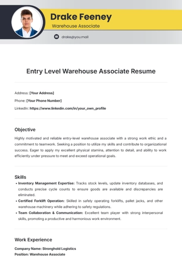 Free Entry Level Warehouse Associate Resume Template to Edit Online