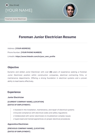 Free Foreman Junior Electrician Resume to Edit Online