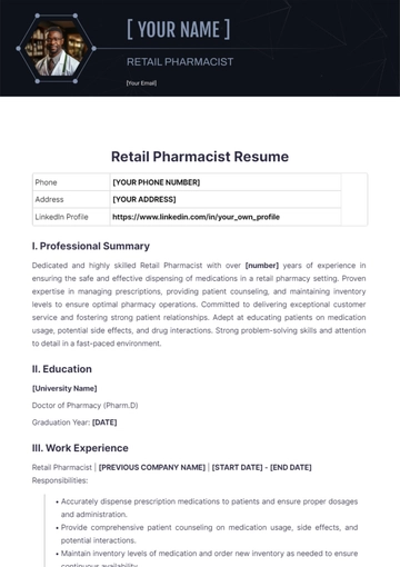 Free Retail Pharmacist Resume to Edit Online