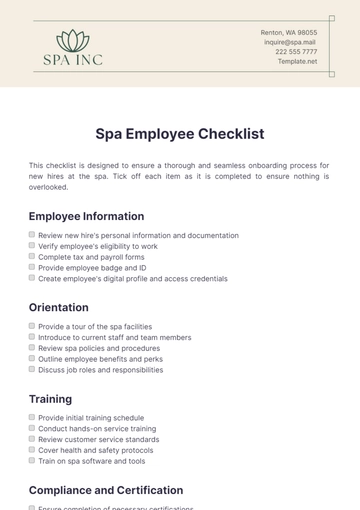 Free Spa Employee Checklist Template to Edit Online