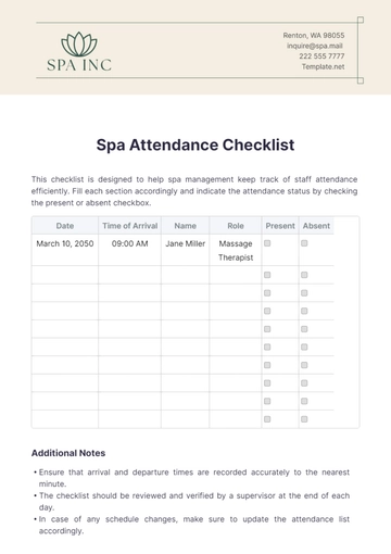 Free Spa Attendance Checklist Template to Edit Online
