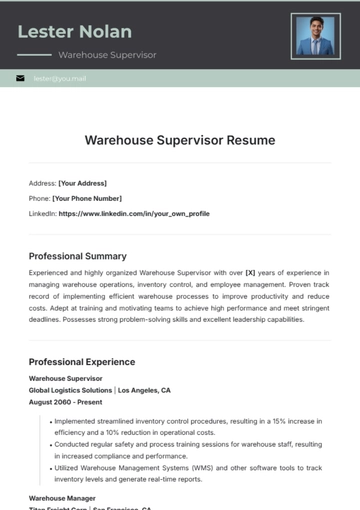 Free Warehouse Supervisor Resume Template to Edit Online