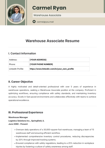 Free Warehouse Associate Resume Template to Edit Online