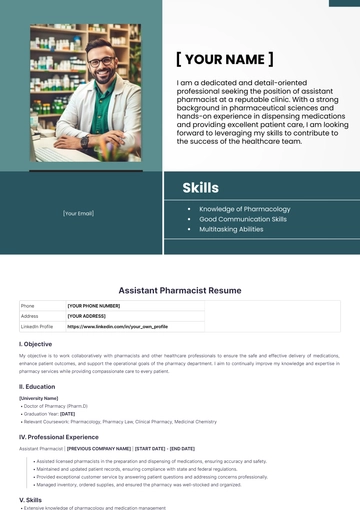 Free Assistant Pharmacist Resume to Edit Online