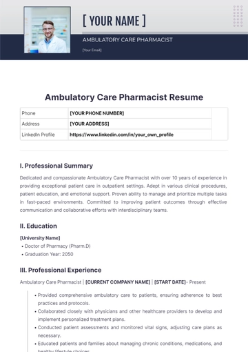 Free Ambulatory Care Pharmacist Resume to Edit Online