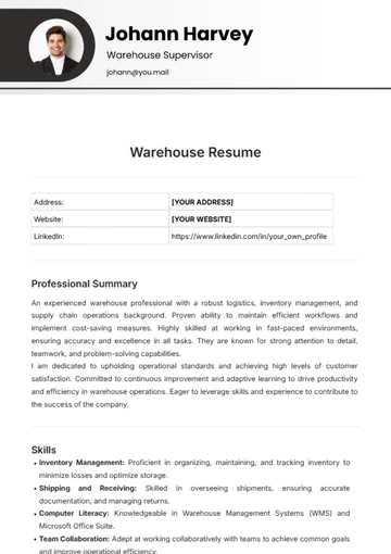 Free Warehouse Resume Template to Edit Online