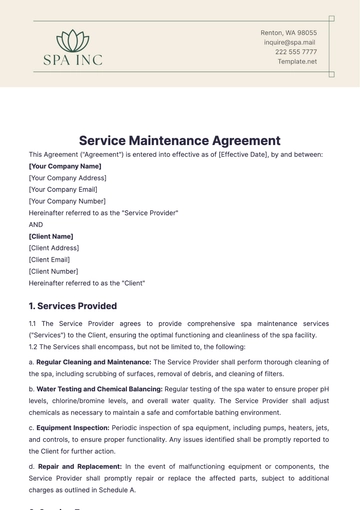 Free Spa Maintenance Agreement Template to Edit Online