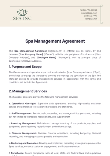 Free Spa Management Agreement Template to Edit Online