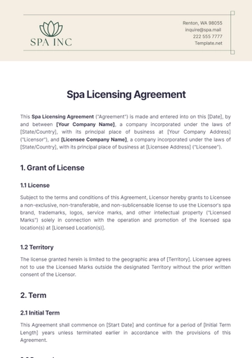 Free Spa Licensing Agreement Template to Edit Online