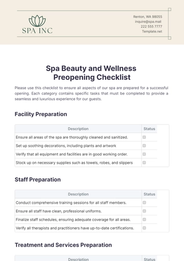 Free Spa Beauty and Wellness Preopening Checklist Template to Edit Online