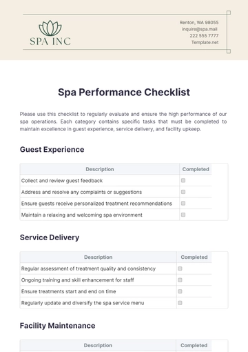 Free Spa Performance Checklist Template to Edit Online