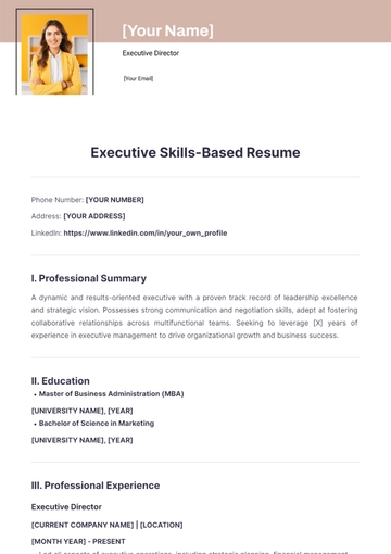 Free Executive Skills Based Resume to Edit Online