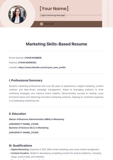 Free Marketing Skills Based Resume to Edit Online
