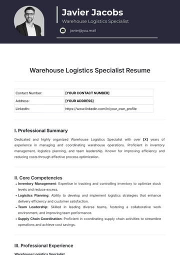 Free Warehouse Logistics Specialist Resume Template to Edit Online