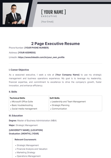 Free 2 Page Executive Resume to Edit Online