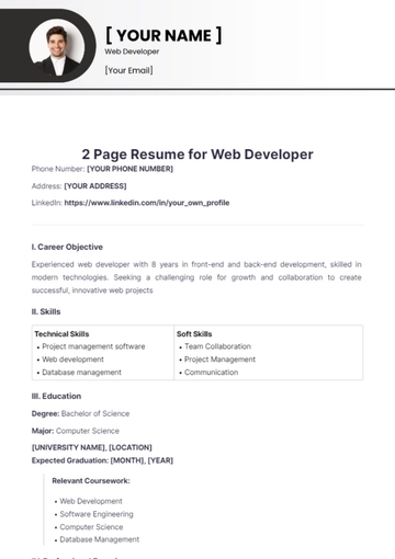 Free 2 Page Resume for Web Developer to Edit Online