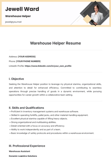 Free Warehouse Helper Resume Template to Edit Online