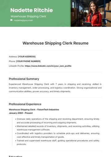 Free Warehouse Shipping Clerk Resume Template to Edit Online