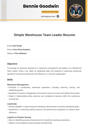 Free Simple Warehouse Team Leader Resume Template to Edit Online