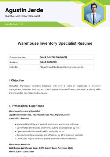 Free Warehouse Inventory Specialist Resume Template to Edit Online