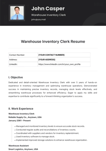 Free Warehouse Inventory Clerk Resume Template to Edit Online