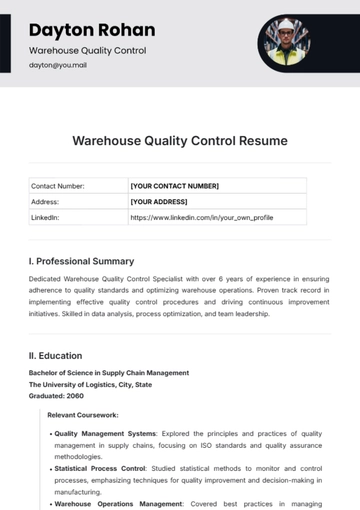 Free Warehouse Quality Control Resume Template to Edit Online