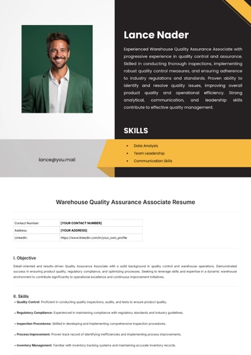 Free Warehouse Quality Assurance Associate Resume Template to Edit Online