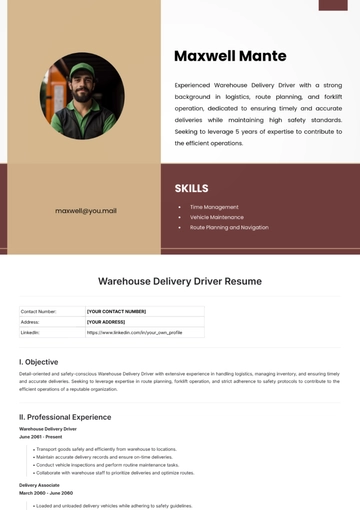 Free Warehouse Delivery Driver Resume Template to Edit Online