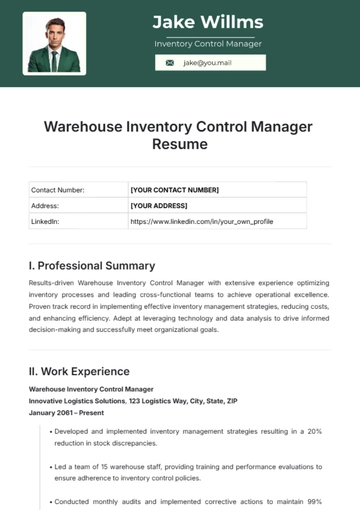 Free Warehouse Inventory Control Manager Resume Template to Edit Online
