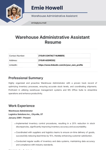 Free Warehouse Administrative Assistant Resume Template to Edit Online