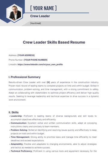 Free Crew Leader Skills Based Resume to Edit Online