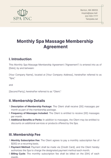 Free Monthly Spa Massage Membership Agreement Template to Edit Online