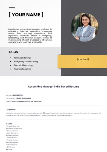 Free Accounting Manager Skills Based Resume to Edit Online