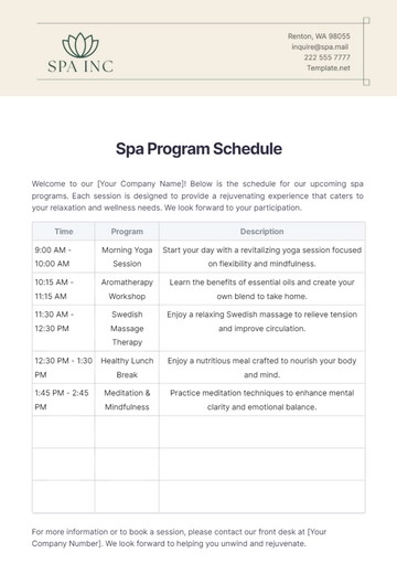 Free Spa Program Schedule Template to Edit Online
