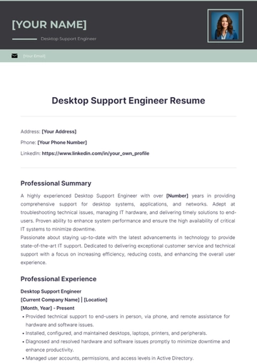 Free Desktop Support Engineer Resume to Edit Online