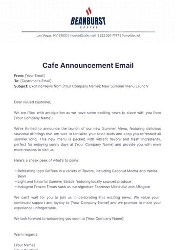 Free Cafe Announcement Email Template to Edit Online