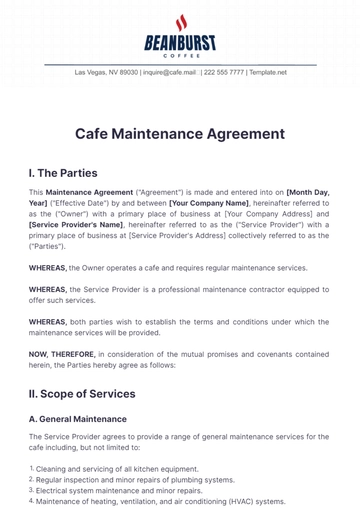 Free Cafe Maintenance Agreement Template to Edit Online