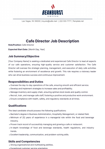 Free Cafe Director Job Description Template to Edit Online