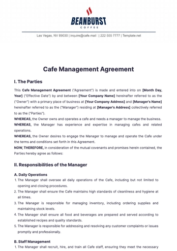 Free Cafe Management Agreement Template to Edit Online