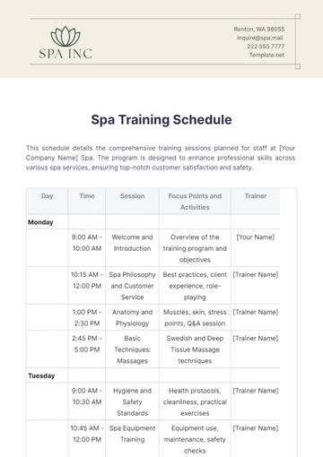 Free Spa Training Schedule Template to Edit Online