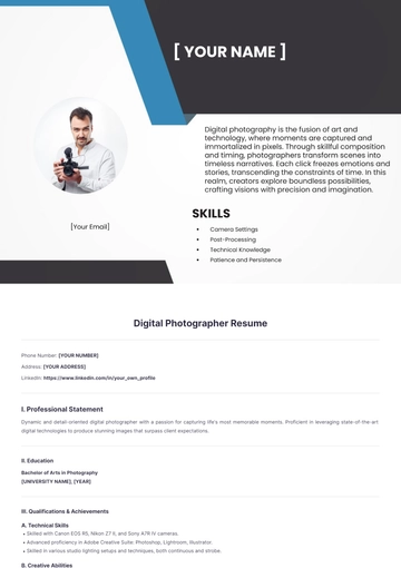 Free Digital Photographer Resume to Edit Online