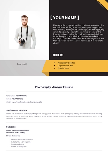 Free Photography manager resume to Edit Online
