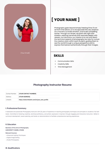 Free Photography Instructor Resume to Edit Online