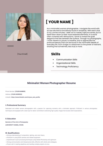 Free Minimalist Woman Photographer Resume to Edit Online